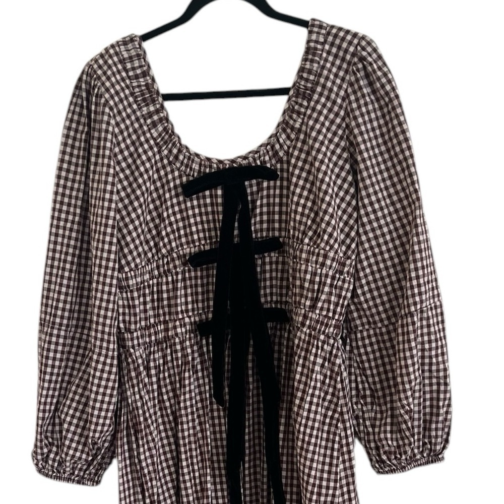 Damson Madder Dakota Bow Gingham Puff-Sleeve Midi Dress UK 16 - Picture 3 of 11